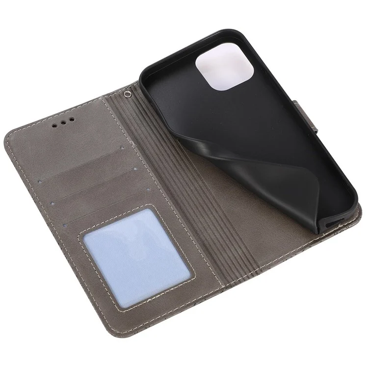Caixa de Telefone de Couro PU Para Iphone 13 Pro Max 6,7 Polegadas, Tampa Celular à Prova de Choque da Carteira de Padrão de Suporte de Flores Impressas Com Cinta - Cinza
