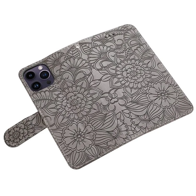 Caixa de Telefone de Couro PU Para Iphone 13 Pro Max 6,7 Polegadas, Tampa Celular à Prova de Choque da Carteira de Padrão de Suporte de Flores Impressas Com Cinta - Cinza