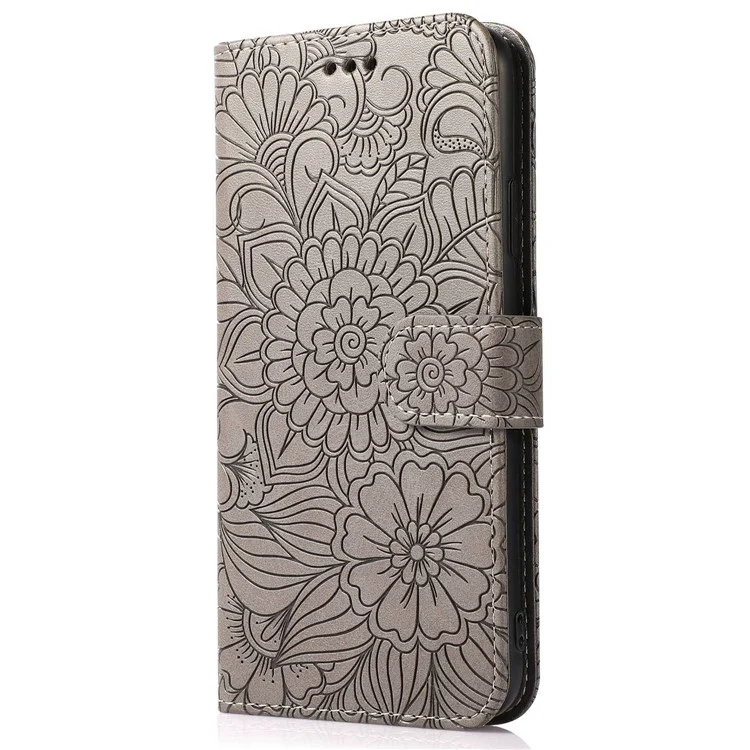 Caixa de Telefone de Couro PU Para Iphone 13 Pro Max 6,7 Polegadas, Tampa Celular à Prova de Choque da Carteira de Padrão de Suporte de Flores Impressas Com Cinta - Cinza