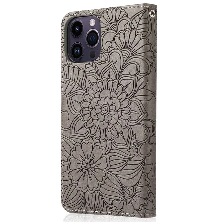 Caixa de Telefone de Couro PU Para Iphone 13 Pro Max 6,7 Polegadas, Tampa Celular à Prova de Choque da Carteira de Padrão de Suporte de Flores Impressas Com Cinta - Cinza
