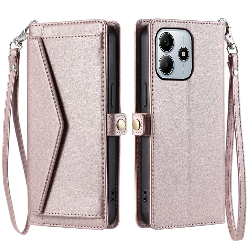 For Xiaomi Redmi Note 14 4G (164.84mm) Leather Case with Wrist Strap Wallet Stand Phone Cover - Rose Gold