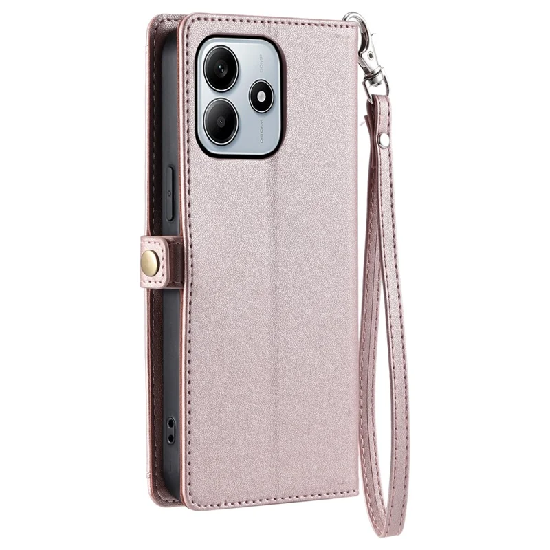 For Xiaomi Redmi Note 14 4G (164.84mm) Leather Case with Wrist Strap Wallet Stand Phone Cover - Rose Gold
