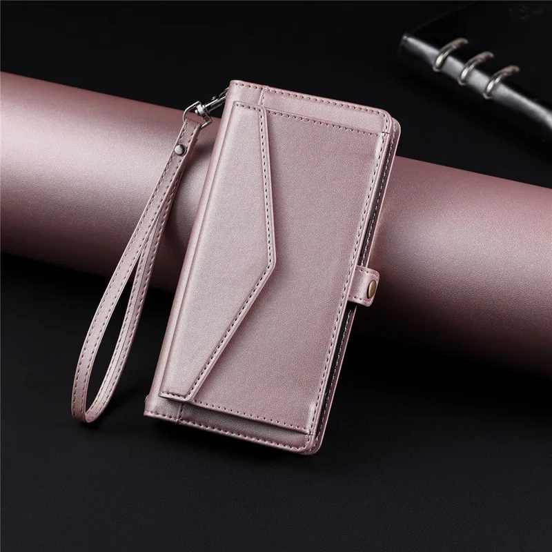 For Xiaomi Redmi Note 14 4G (164.84mm) Leather Case with Wrist Strap Wallet Stand Phone Cover - Rose Gold