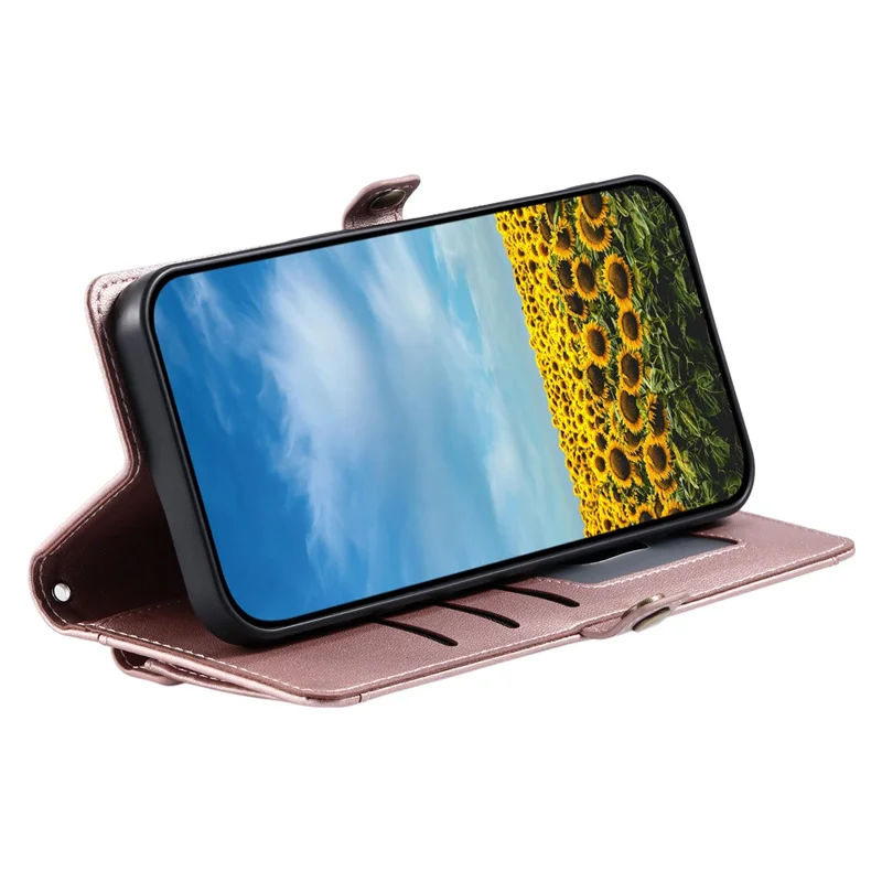 For Xiaomi Redmi Note 14 4G (164.84mm) Leather Case with Wrist Strap Wallet Stand Phone Cover - Rose Gold