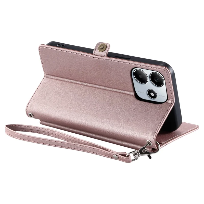 For Xiaomi Redmi Note 14 4G (164.84mm) Leather Case with Wrist Strap Wallet Stand Phone Cover - Rose Gold