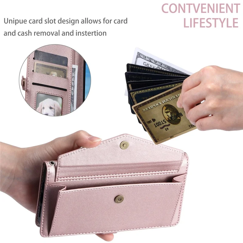 For Xiaomi Redmi Note 14 4G (164.84mm) Leather Case with Wrist Strap Wallet Stand Phone Cover - Rose Gold