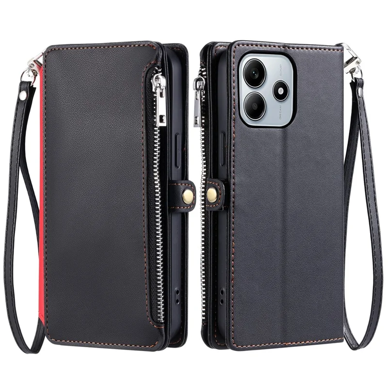 För Xiaomi Redmi Note 14 4G (164,84 mm) hölster TPU + PU-läder plånbok för mobil med handledsband - Svart