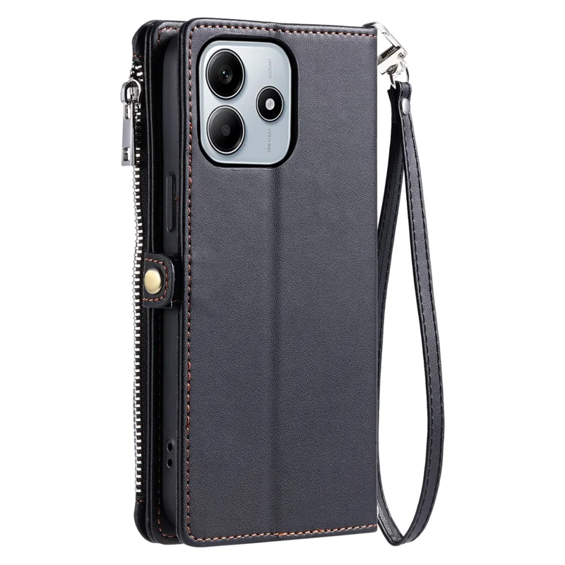 För Xiaomi Redmi Note 14 4G (164,84 mm) hölster TPU + PU-läder plånbok för mobil med handledsband - Svart