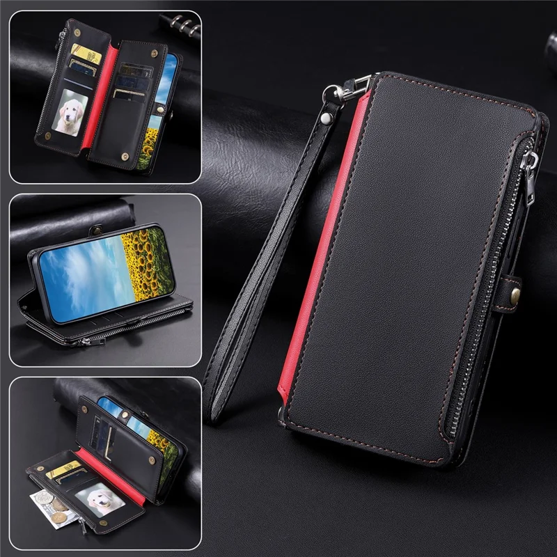 För Xiaomi Redmi Note 14 4G (164,84 mm) hölster TPU + PU-läder plånbok för mobil med handledsband - Svart