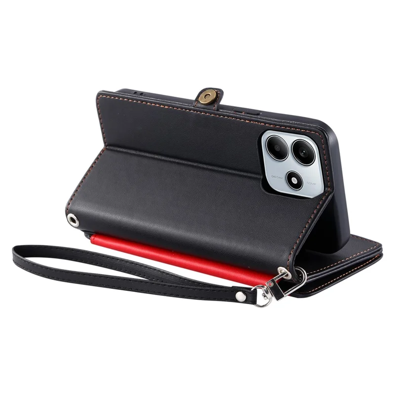 För Xiaomi Redmi Note 14 4G (164,84 mm) hölster TPU + PU-läder plånbok för mobil med handledsband - Svart