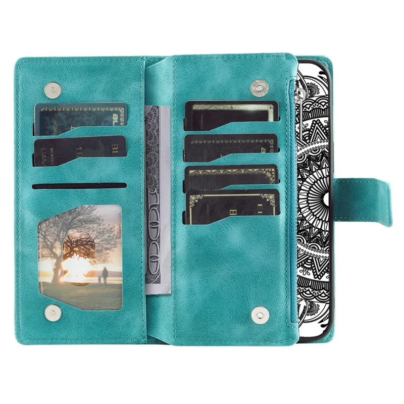 Style 006 Per Xiaomi Redmi Note 14 4G (164,84x78,15x8,16mm) Cover a Portafoglio in Pelle PU con Motivo Mandala Floreale - Verde Menta