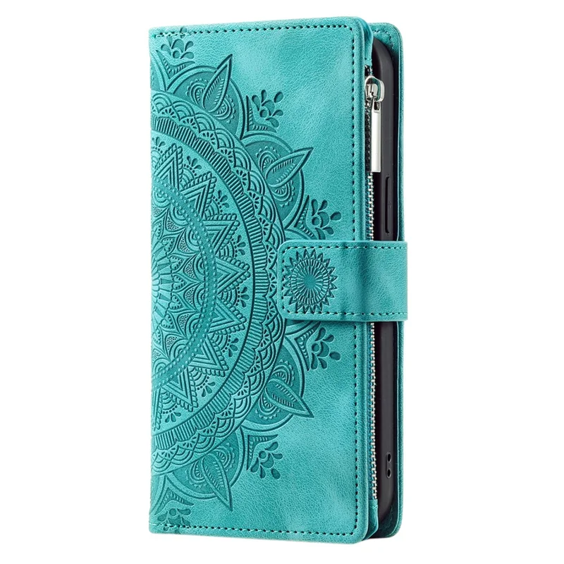 Style 006 Per Xiaomi Redmi Note 14 4G (164,84x78,15x8,16mm) Cover a Portafoglio in Pelle PU con Motivo Mandala Floreale - Verde Menta