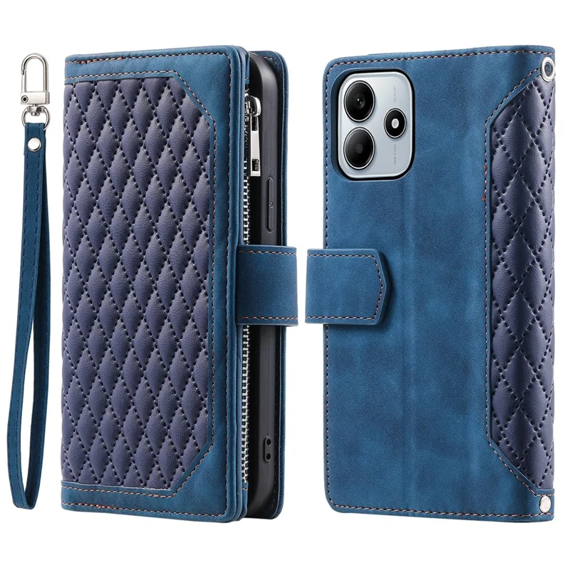 Style 005 For Xiaomi Redmi Note 14 4G (164.84mm) Wallet Case Rhombus Stitching Line PU Leather Phone Cover - Blue