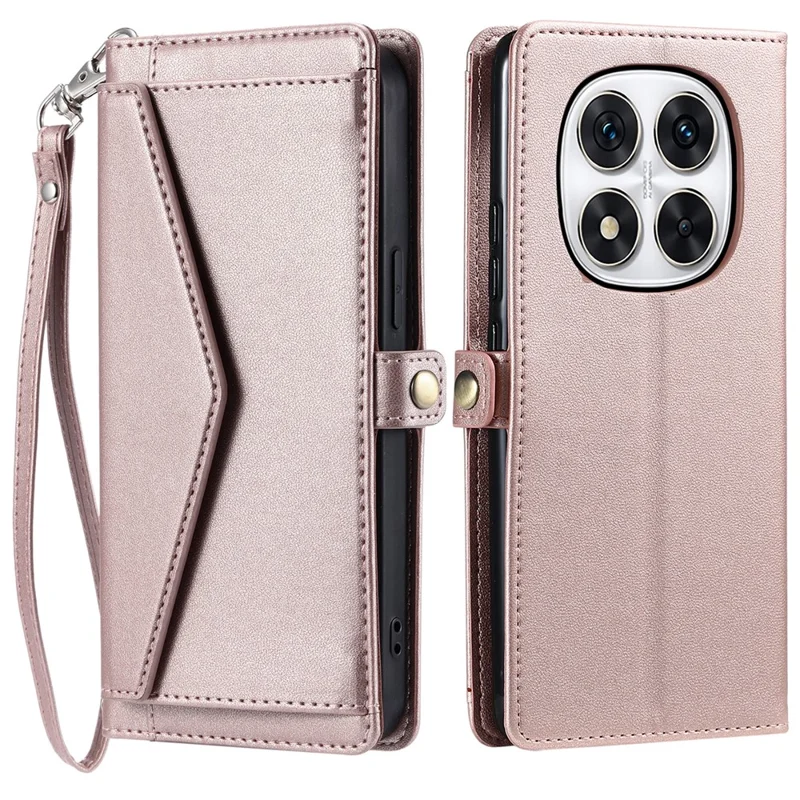 For Xiaomi Redmi Note 14 Pro 4G Leather Case with Wrist Strap Wallet Stand Phone Cover - Rose Gold