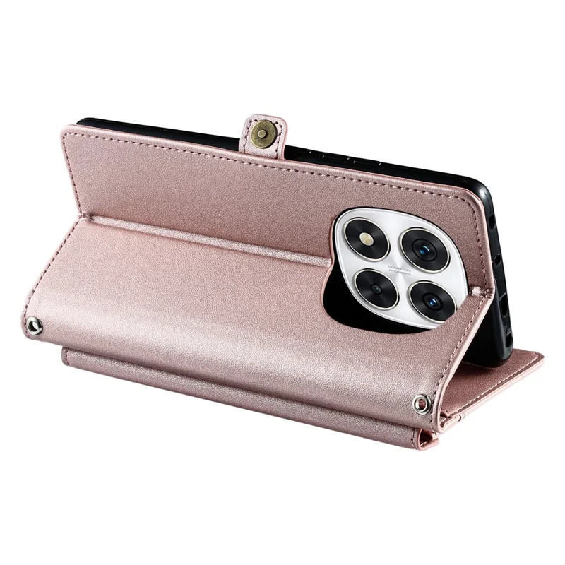 For Xiaomi Redmi Note 14 Pro 4G Leather Case with Wrist Strap Wallet Stand Phone Cover - Rose Gold