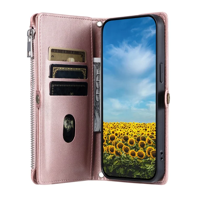 Чехол для Xiaomi Redmi Note 14 Pro 4G из ТПУ + натуральной кожи с отделением для карт и ремешком на руку - розовое золото