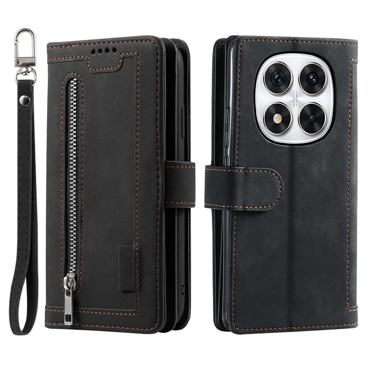 Capa para Xiaomi Redmi Note 14 Pro 4G em Couro Sintético com Carteira de Zíper 9 Compartimentos para Cartões - Preto