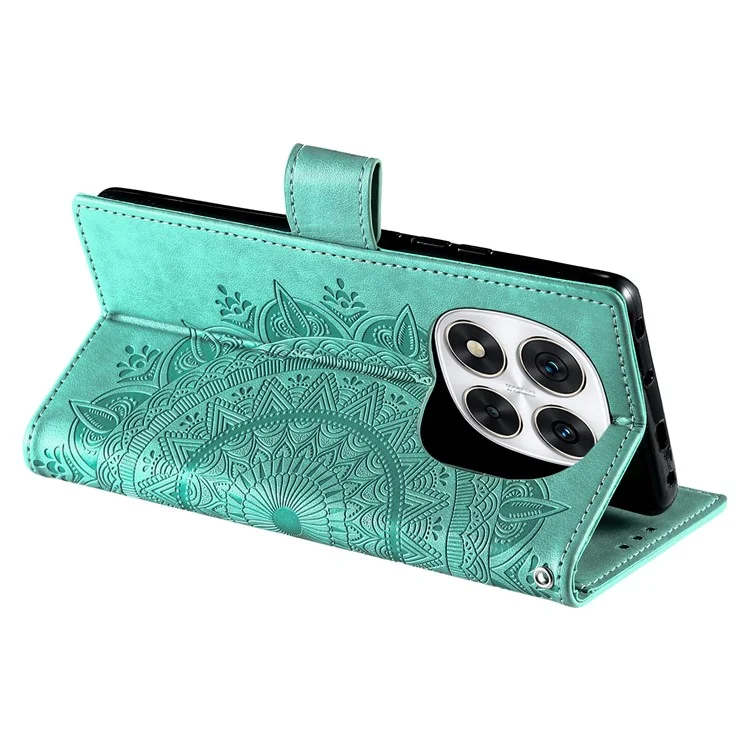 For Xiaomi Redmi Note 14 Pro 4G Stand Case Imprinted Totem PU Leather Wallet Phone Cover - Mint Green