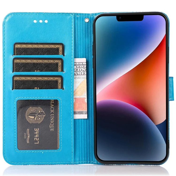 Funda de teléfono antiarronchamiento para iPhone 13 mini de 5.4 pulgadas, con diseño de flores estampadas, tapa de cartera de piel sintética con correa - Azul