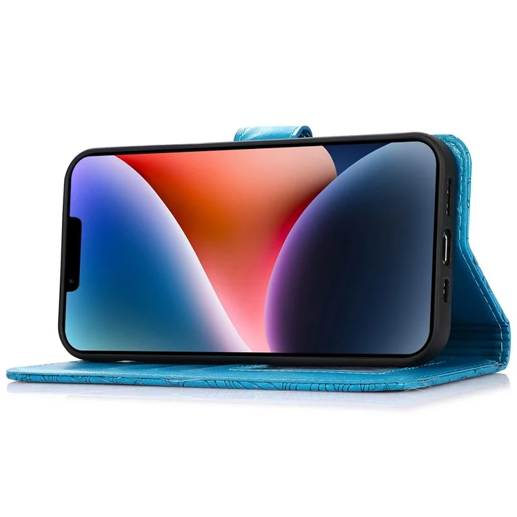 Funda de teléfono antiarronchamiento para iPhone 13 mini de 5.4 pulgadas, con diseño de flores estampadas, tapa de cartera de piel sintética con correa - Azul