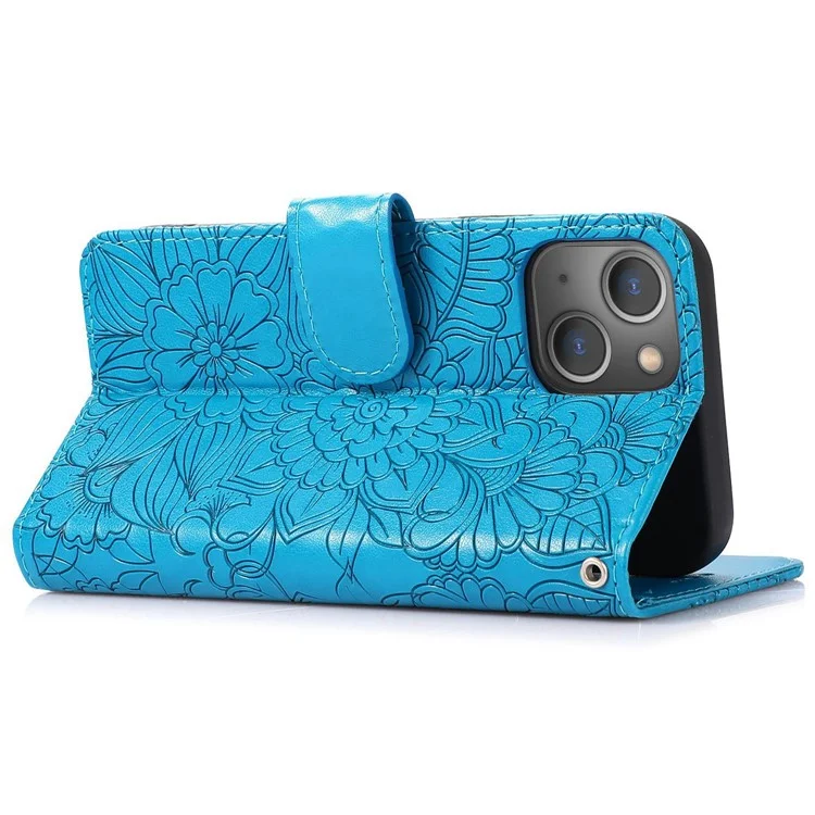 Funda de teléfono antiarronchamiento para iPhone 13 mini de 5.4 pulgadas, con diseño de flores estampadas, tapa de cartera de piel sintética con correa - Azul