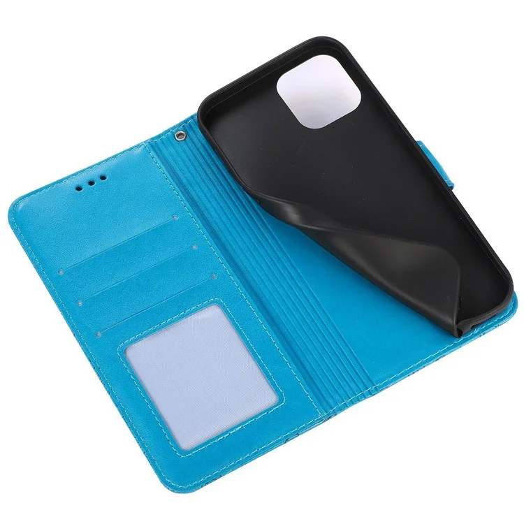 Funda de teléfono antiarronchamiento para iPhone 13 mini de 5.4 pulgadas, con diseño de flores estampadas, tapa de cartera de piel sintética con correa - Azul