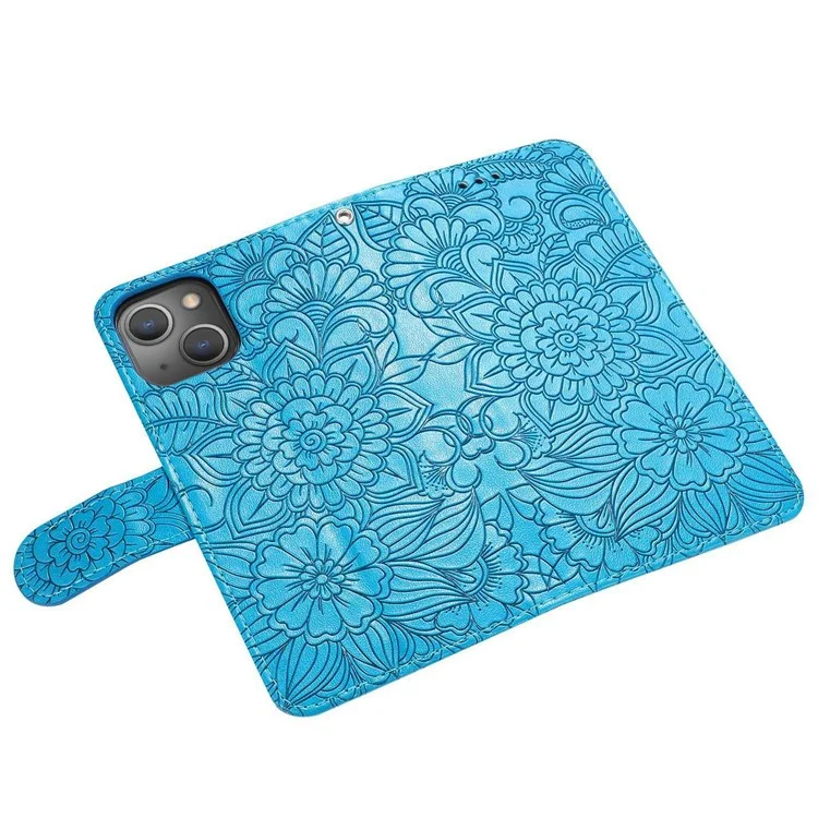Funda de teléfono antiarronchamiento para iPhone 13 mini de 5.4 pulgadas, con diseño de flores estampadas, tapa de cartera de piel sintética con correa - Azul