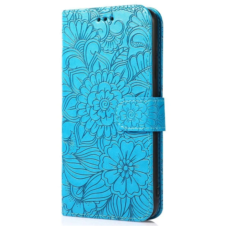Funda de teléfono antiarronchamiento para iPhone 13 mini de 5.4 pulgadas, con diseño de flores estampadas, tapa de cartera de piel sintética con correa - Azul