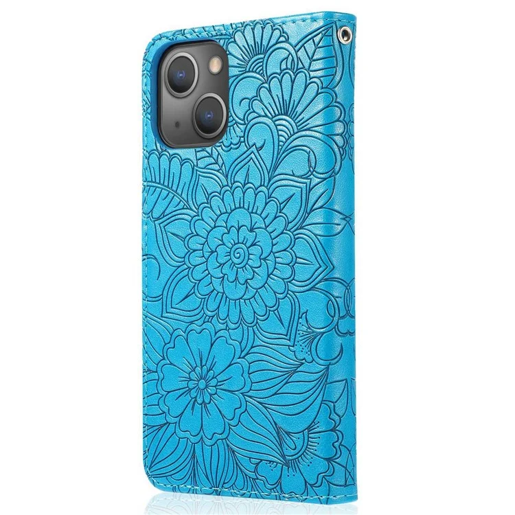 Funda de teléfono antiarronchamiento para iPhone 13 mini de 5.4 pulgadas, con diseño de flores estampadas, tapa de cartera de piel sintética con correa - Azul