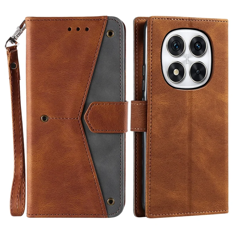 For Xiaomi Redmi Note 14 Pro 4G Leather Case Splicing Stitching Wallet Phone Cover with Wrist Strap - Brown