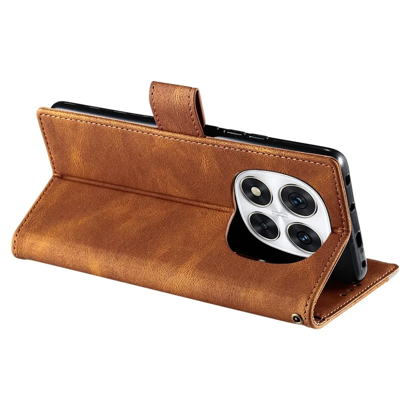 For Xiaomi Redmi Note 14 Pro 4G Leather Case Splicing Stitching Wallet Phone Cover with Wrist Strap - Brown