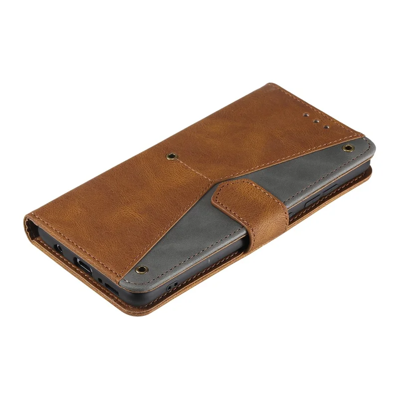 For Xiaomi Redmi Note 14 Pro 4G Leather Case Splicing Stitching Wallet Phone Cover with Wrist Strap - Brown