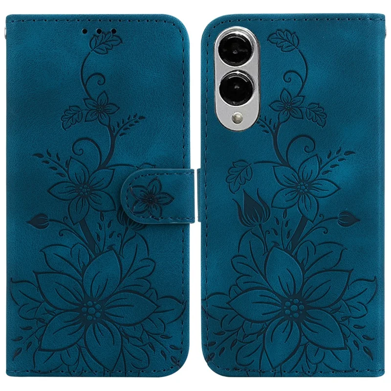 For Samsung Galaxy S25 Edge Case Lily Flower Imprint Leather Phone Cover with Stand - Dark Blue