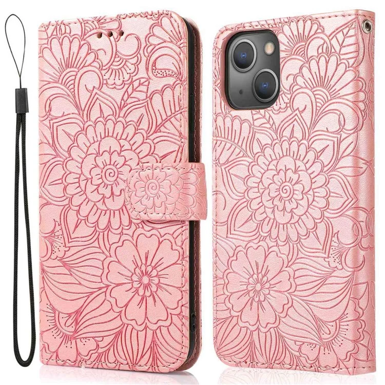 Full Protection Phone Case for iPhone 13 6.1 inch, Imprinted Flower Pattern PU Leather Stand Scratch-resistant Flip Wallet Cover with Strap - Pink