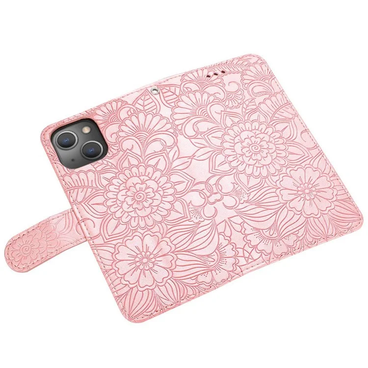 Full Protection Phone Case for iPhone 13 6.1 inch, Imprinted Flower Pattern PU Leather Stand Scratch-resistant Flip Wallet Cover with Strap - Pink