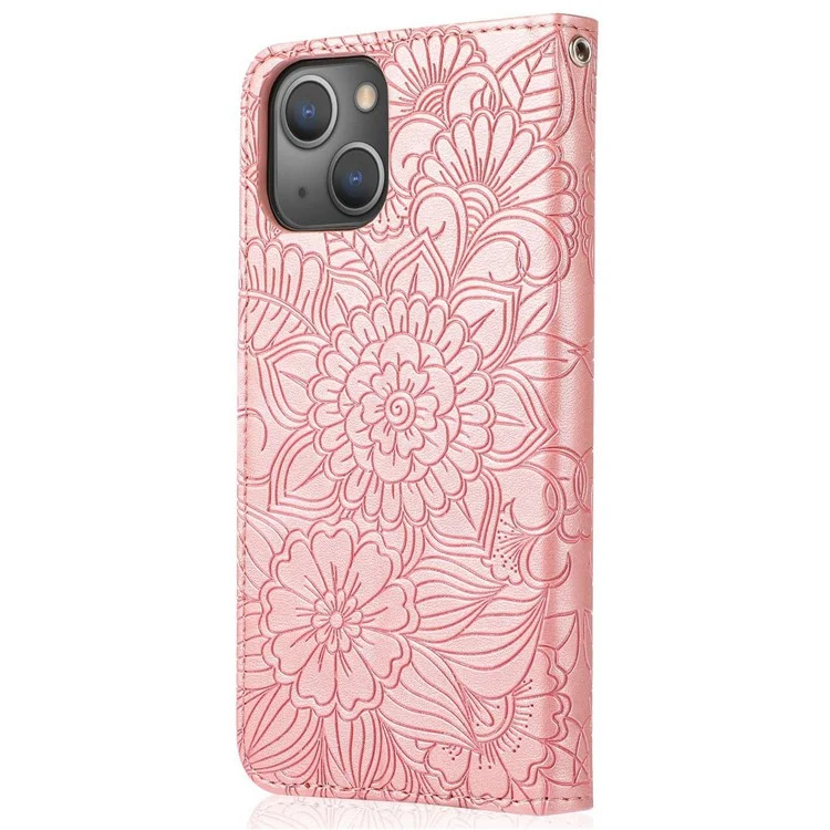 Full Protection Phone Case for iPhone 13 6.1 inch, Imprinted Flower Pattern PU Leather Stand Scratch-resistant Flip Wallet Cover with Strap - Pink