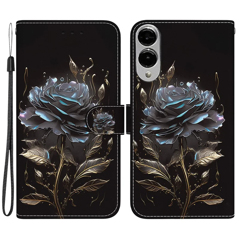 For Samsung Galaxy S25 Edge Wallet Phone Case Anti-Drop Leather Flip Cover Pattern Printing - Black Rose