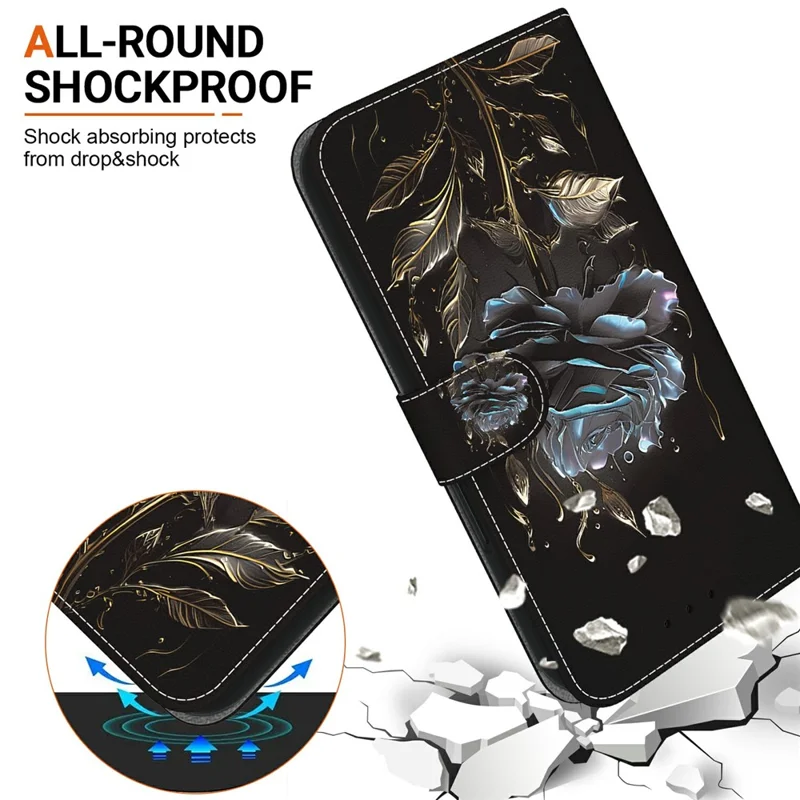 For Samsung Galaxy S25 Edge Wallet Phone Case Anti-Drop Leather Flip Cover Pattern Printing - Black Rose