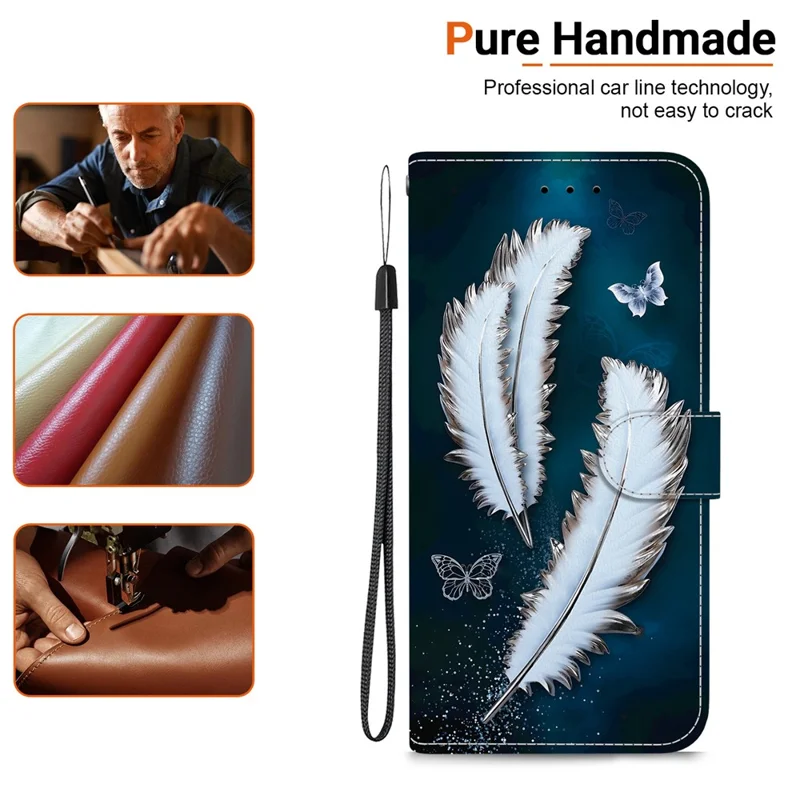 For Samsung Galaxy S25 Edge Case Pattern Printing Anti-Drop Leather Flip Wallet Phone Cover with Lanyard - White Butterfly Feather - 6