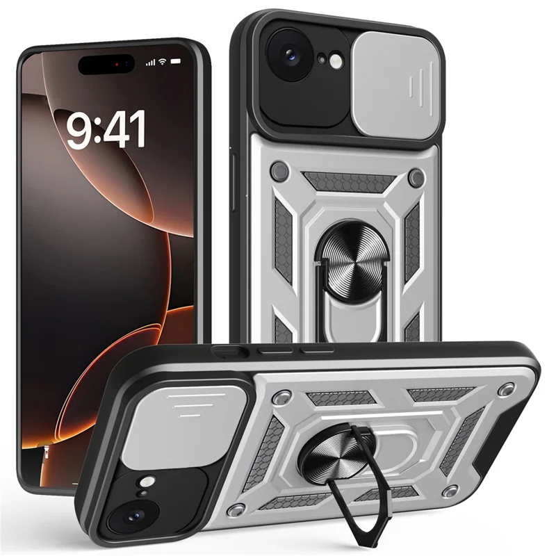 For iPhone 17e / 16e Case with Slide Camera Lid PC + TPU Kickstand Phone Cover - Silver