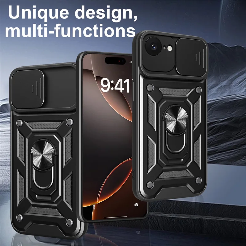 For iPhone 17e / 16e Case with Slide Camera Lid PC + TPU Kickstand Phone Cover - Silver