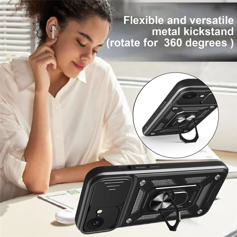 For iPhone 17e / 16e Case with Slide Camera Lid PC + TPU Kickstand Phone Cover - Silver