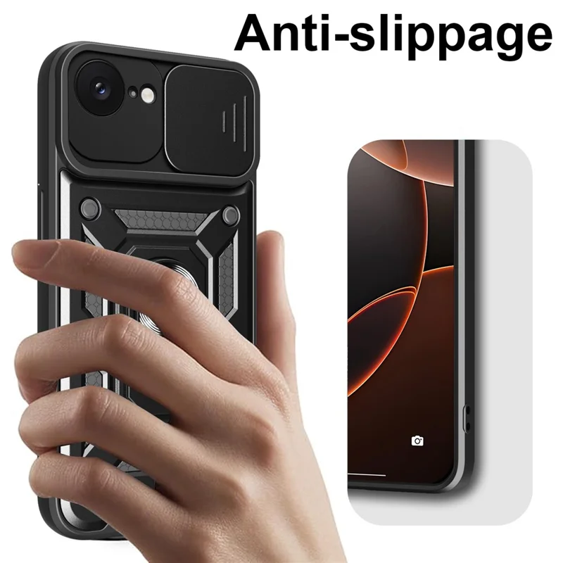 For iPhone 17e / 16e Case with Slide Camera Lid PC + TPU Kickstand Phone Cover - Silver