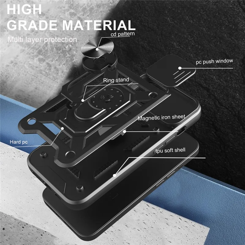 For iPhone 17e / 16e Case with Slide Camera Lid PC + TPU Kickstand Phone Cover - Silver