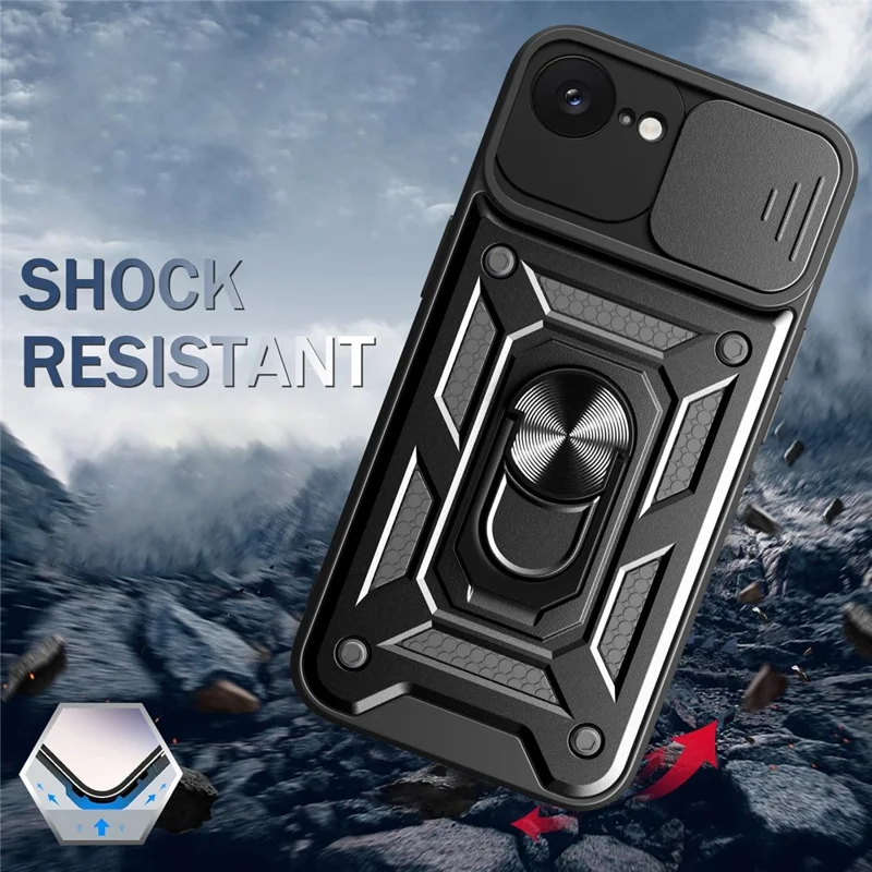 For iPhone 17e / 16e Case with Slide Camera Lid PC + TPU Kickstand Phone Cover - Silver