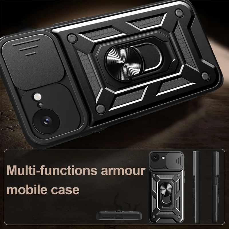 For iPhone 17e / 16e Case with Slide Camera Lid PC + TPU Kickstand Phone Cover - Silver