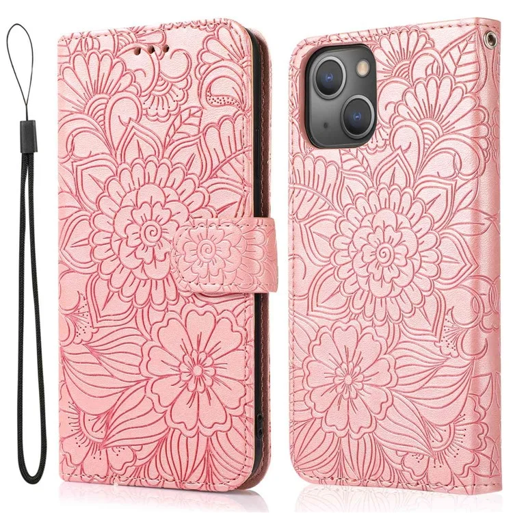 For iPhone 14 Imprinted Flower Pattern PU Leather Phone Cover Stand Shockproof Phone Wallet Case with Strap - Pink
