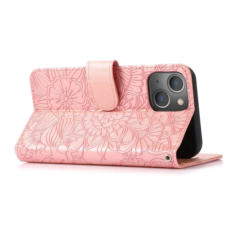 For iPhone 14 Imprinted Flower Pattern PU Leather Phone Cover Stand Shockproof Phone Wallet Case with Strap - Pink