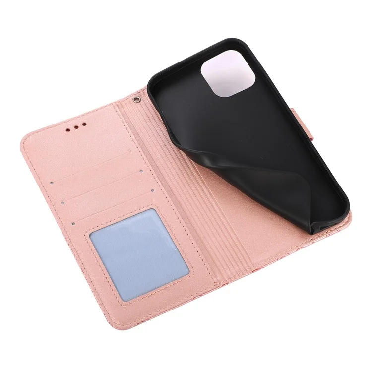 For iPhone 14 Imprinted Flower Pattern PU Leather Phone Cover Stand Shockproof Phone Wallet Case with Strap - Pink