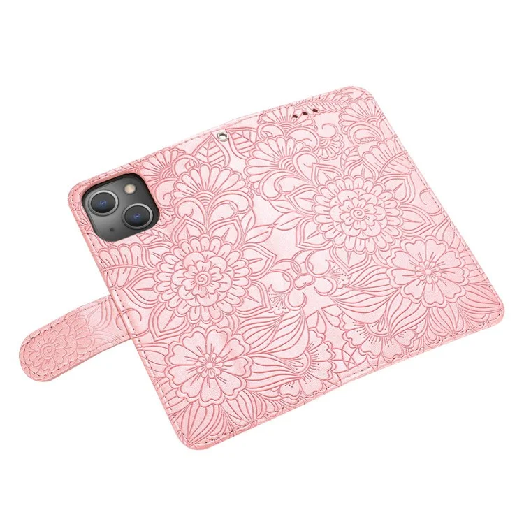 For iPhone 14 Imprinted Flower Pattern PU Leather Phone Cover Stand Shockproof Phone Wallet Case with Strap - Pink